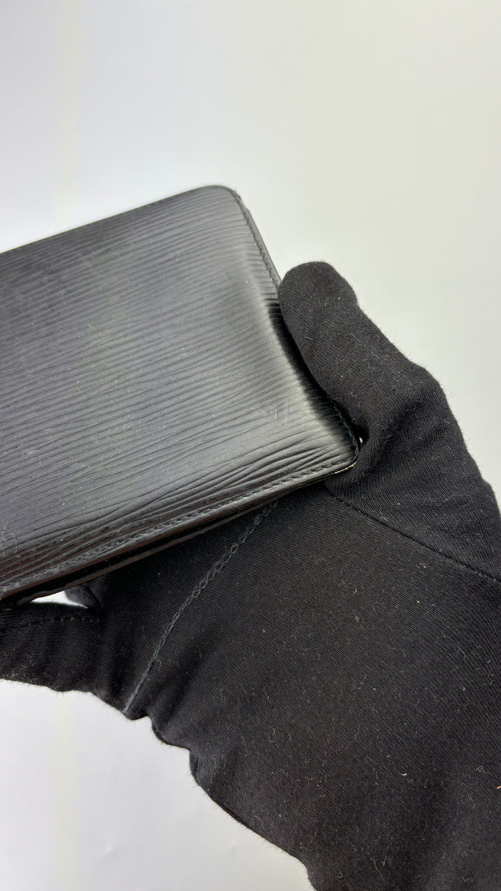 Louis Vuitton epi leder geldbeutel schwarz, unisex second hand lv wallet black