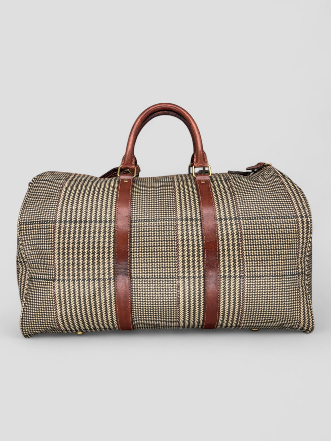 Ralph Lauren Reisetasche mit klassischem Karomuster, braunen Lederdetails und goldfarbenen Akzenten