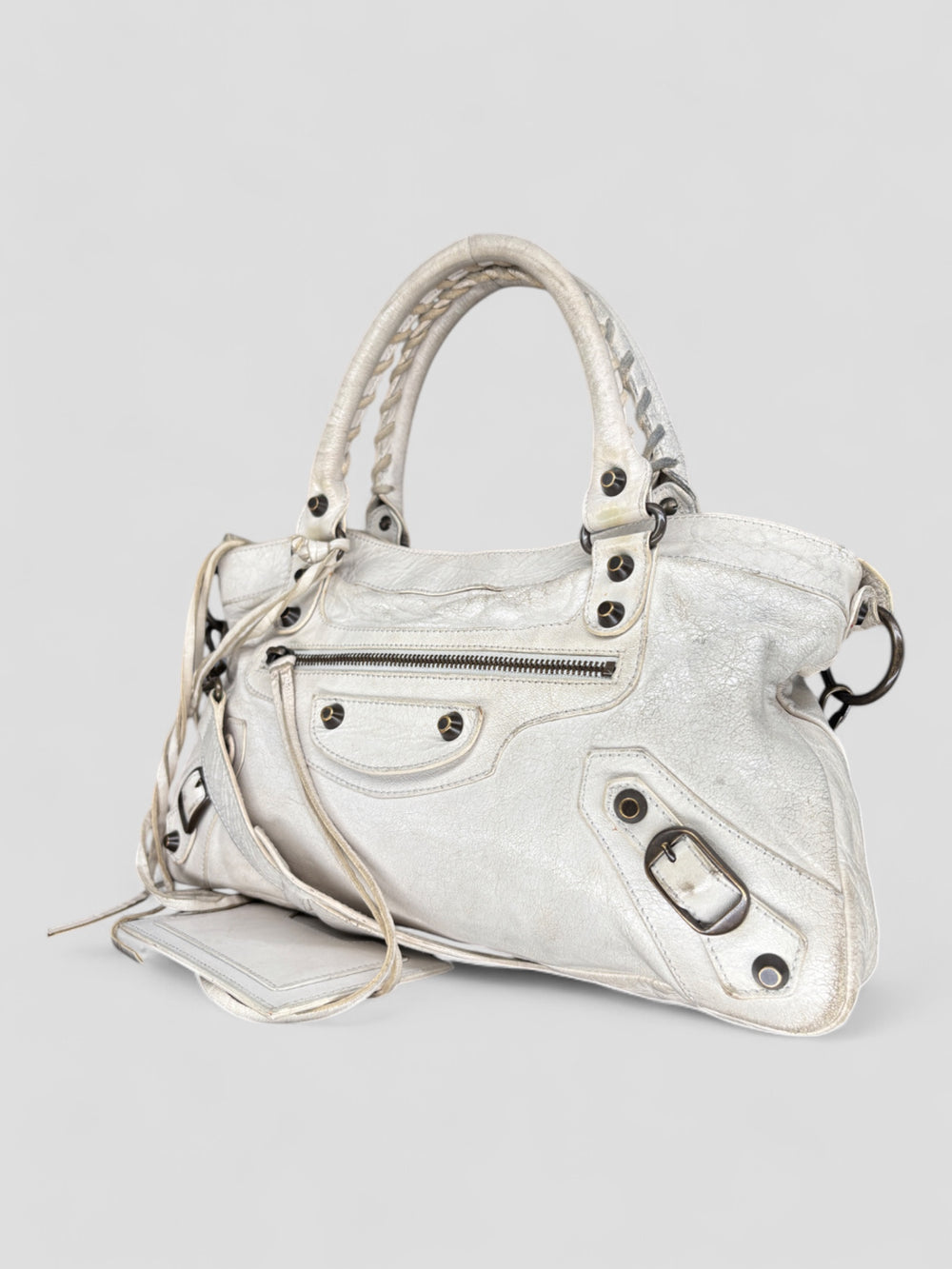 Vintage Balenciaga Damen 2-in-1 City Bag Weiss mit Nieten und Spiegelanhänger, Second-Hand Balenciaga Bag White