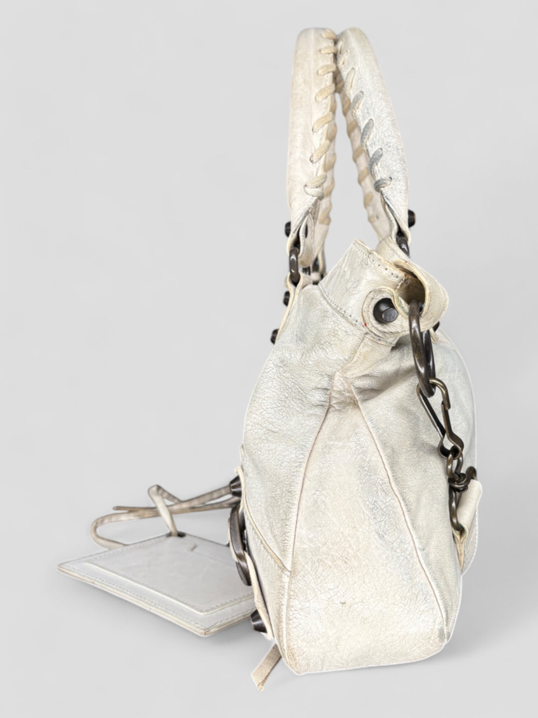 Vintage Balenciaga Damen 2-in-1 City Bag Weiss mit Nieten und Spiegelanhänger, Second-Hand Balenciaga Bag White