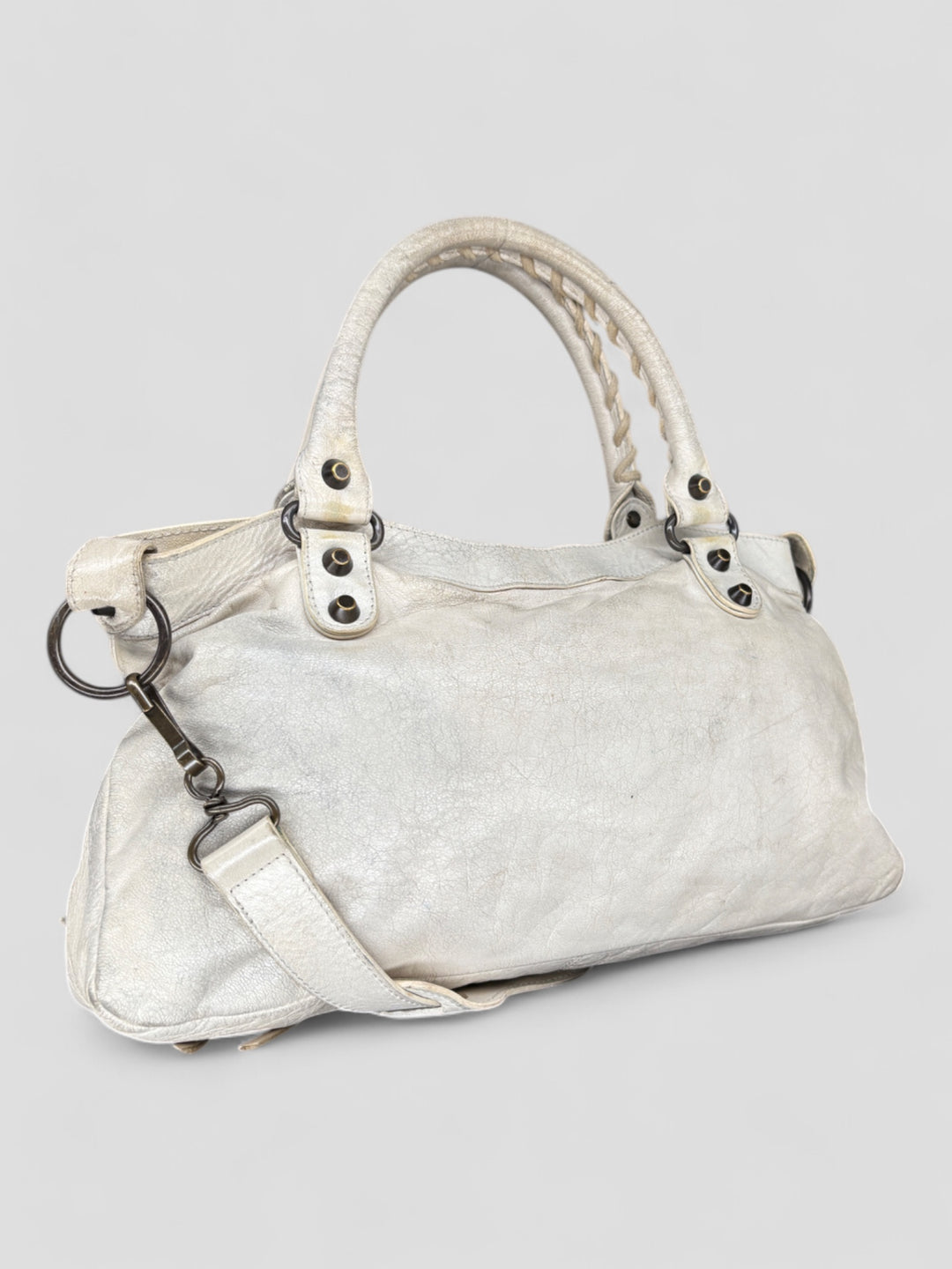 Vintage Balenciaga Damen 2-in-1 City Bag Weiss mit Nieten und Spiegelanhänger, Second-Hand Balenciaga Bag White