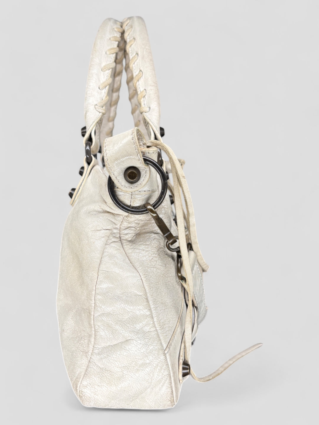 Vintage Balenciaga Damen 2-in-1 City Bag Weiss mit Nieten und Spiegelanhänger, Second-Hand Balenciaga Bag White