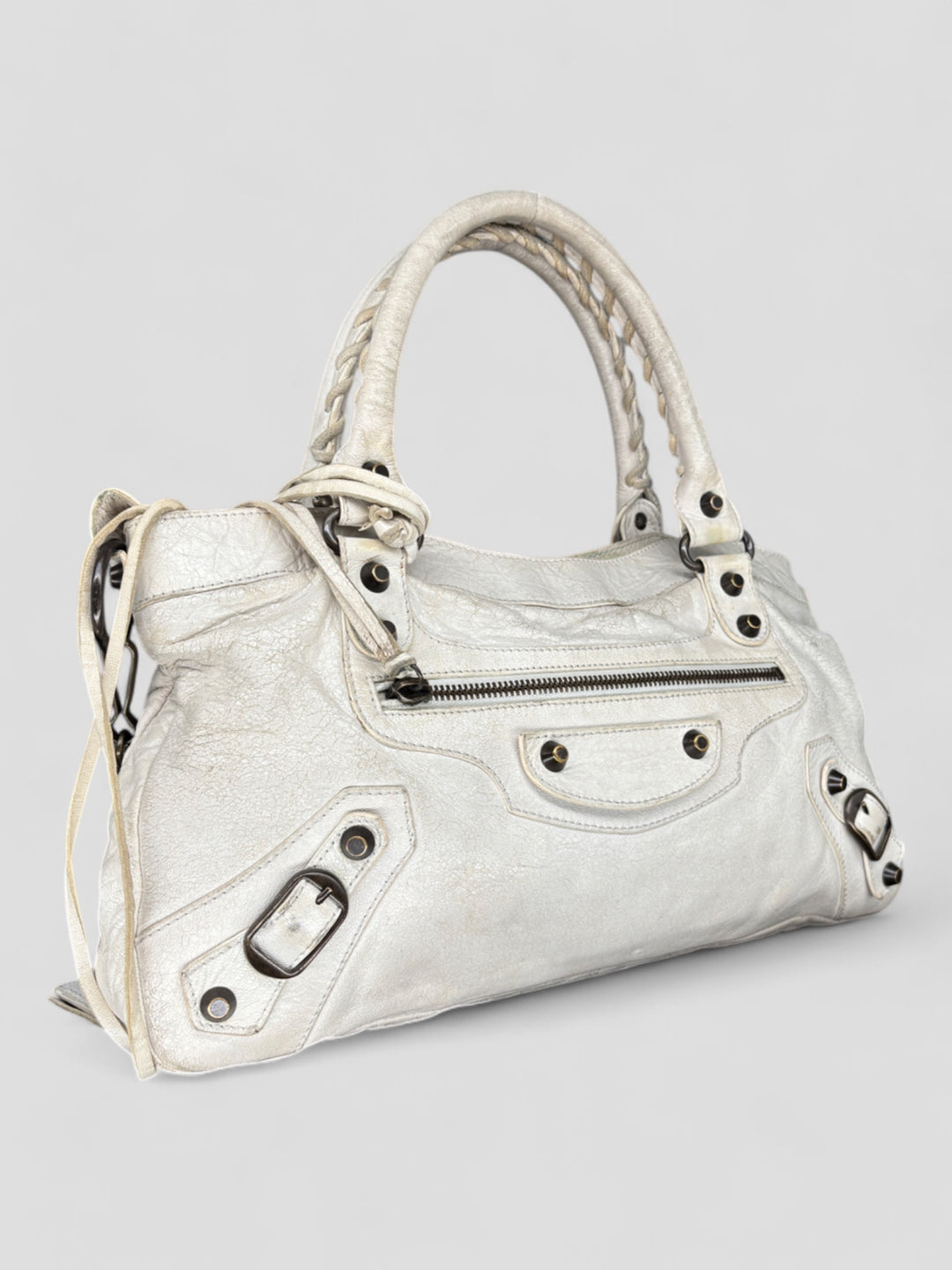 Vintage Balenciaga Damen 2-in-1 City Bag Weiss mit Nieten und Spiegelanhänger, Second-Hand Balenciaga Bag White
