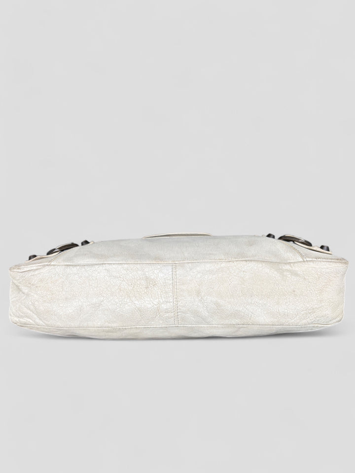 Vintage Balenciaga Damen 2-in-1 City Bag Weiss mit Nieten und Spiegelanhänger, Second-Hand Balenciaga Bag White