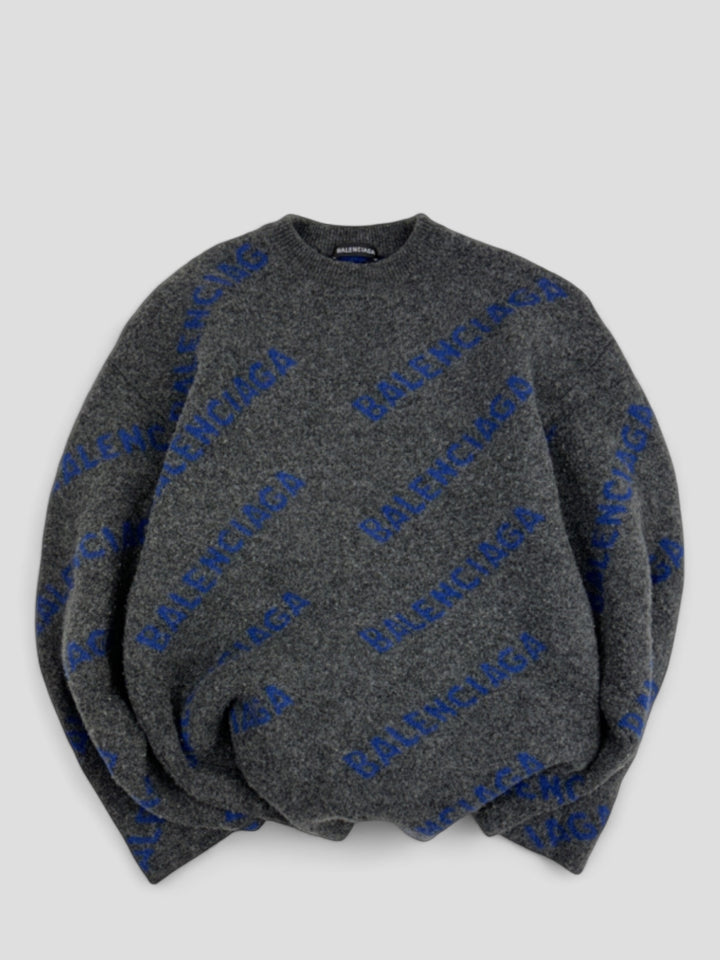 Vintage Balenciaga Monogram Wool Sweater grey blue, grau blauer second hand balenciaga strick pullover