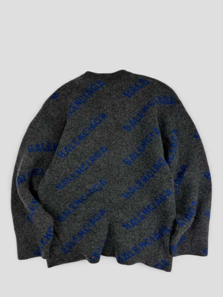 Vintage Balenciaga Monogram Wool Sweater grey blue, grau blauer second hand balenciaga strick pullover