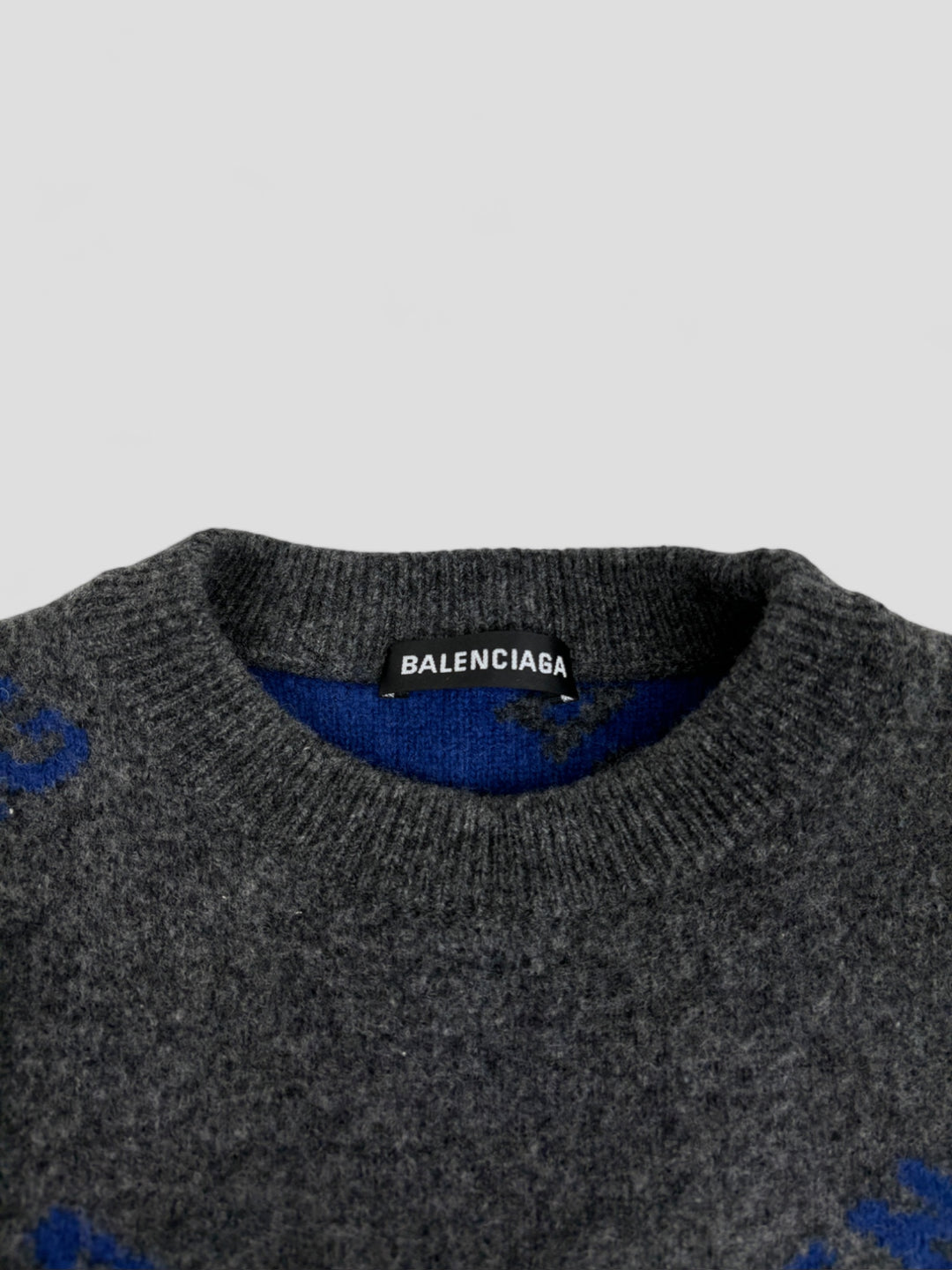 Vintage Balenciaga Monogram Wool Sweater grey blue, grau blauer second hand balenciaga strick pullover