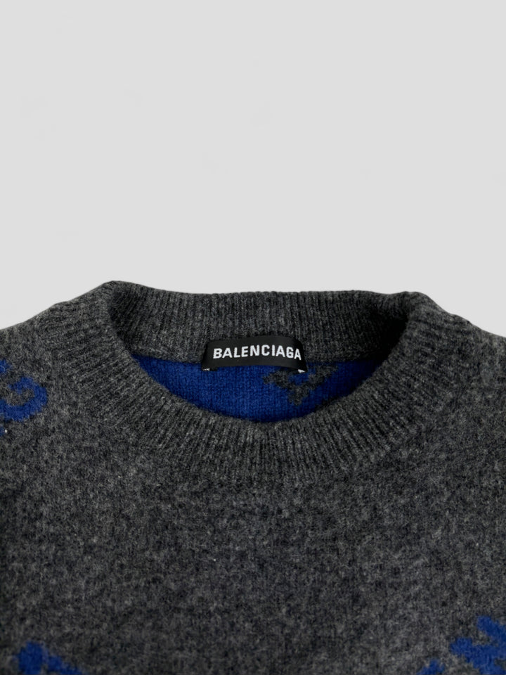 Vintage Balenciaga Monogram Wool Sweater grey blue, grau blauer second hand balenciaga strick pullover
