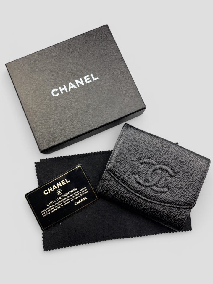 Vintage Chanel Unisex Leder Portemonnaie Schwarz, Second-Hand Chanel Wallet Black