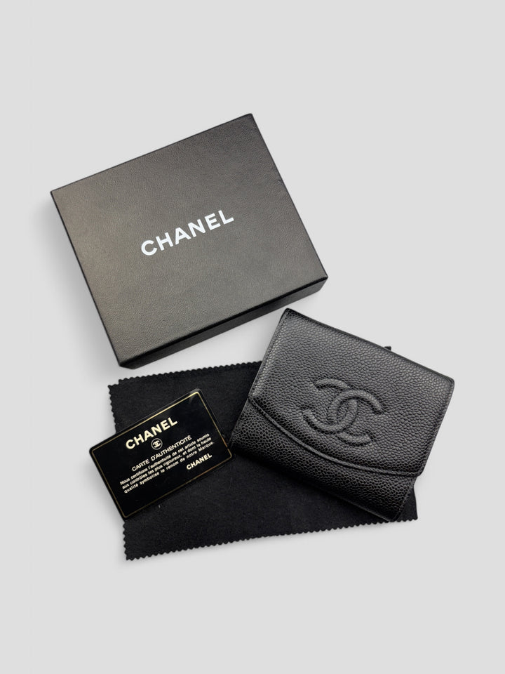 Vintage Chanel Unisex Leder Portemonnaie Schwarz, Second-Hand Chanel Wallet Black
