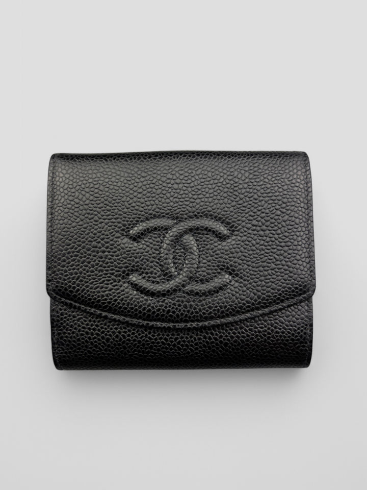 Vintage Chanel Unisex Leder Portemonnaie Schwarz, Second-Hand Chanel Wallet Black