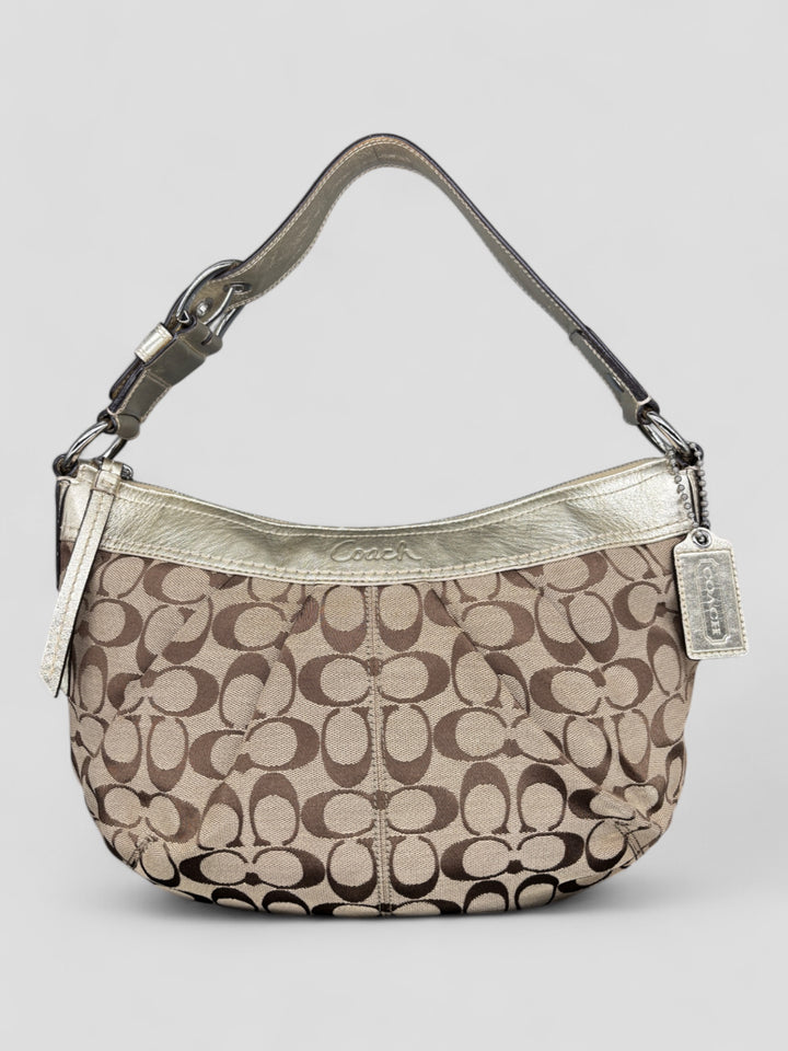 Vintage Coach Damen Banana Tasche Braun mit silbernen Lederdetails, Second-Hand Coach Bag Brown and Silver