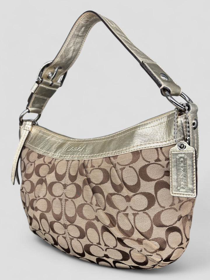 Vintage Coach Damen Banana Tasche Braun mit silbernen Lederdetails, Second-Hand Coach Bag Brown and Silver