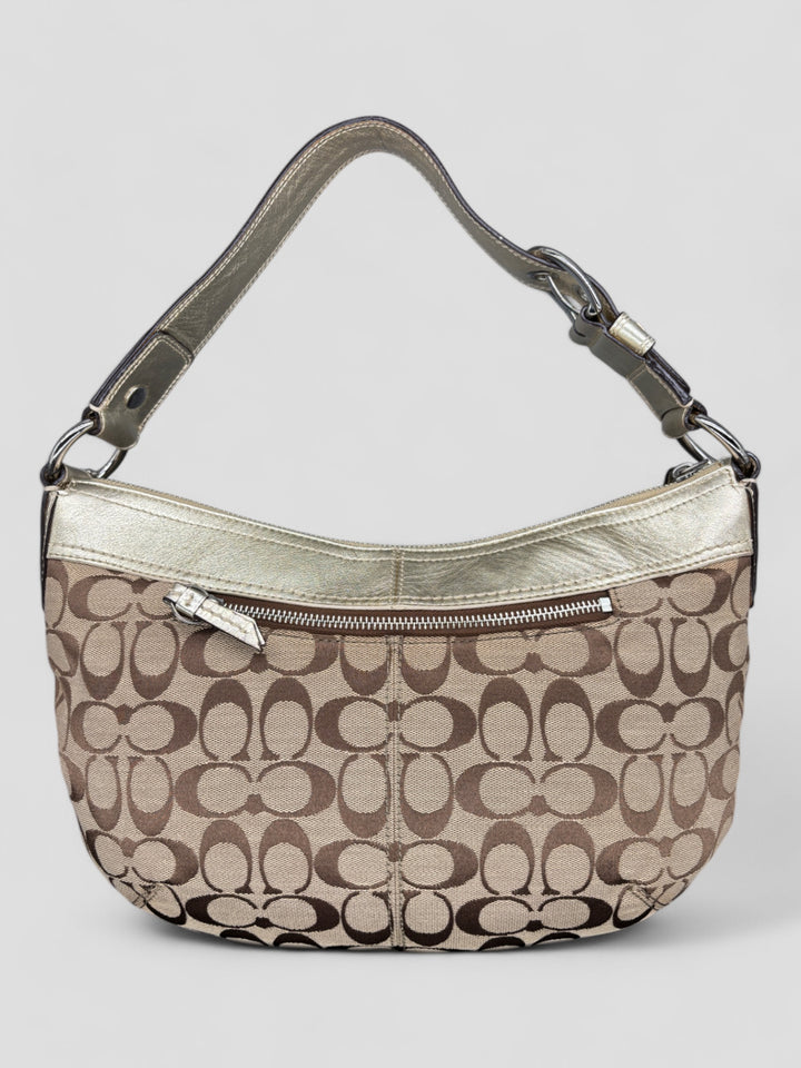 Vintage Coach Damen Banana Tasche Braun mit silbernen Lederdetails, Second-Hand Coach Bag Brown and Silver