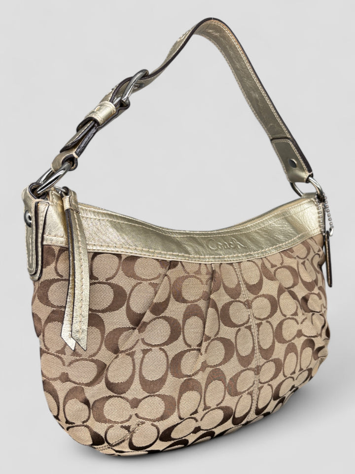 Vintage Coach Damen Banana Tasche Braun mit silbernen Lederdetails, Second-Hand Coach Bag Brown and Silver