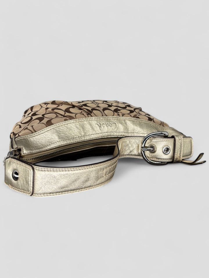Vintage Coach Damen Banana Tasche Braun mit silbernen Lederdetails, Second-Hand Coach Bag Brown and Silver
