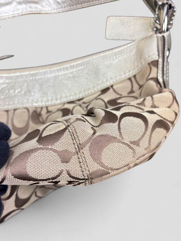 Vintage Coach Damen Banana Tasche Braun mit silbernen Lederdetails, Second-Hand Coach Bag Brown and Silver
