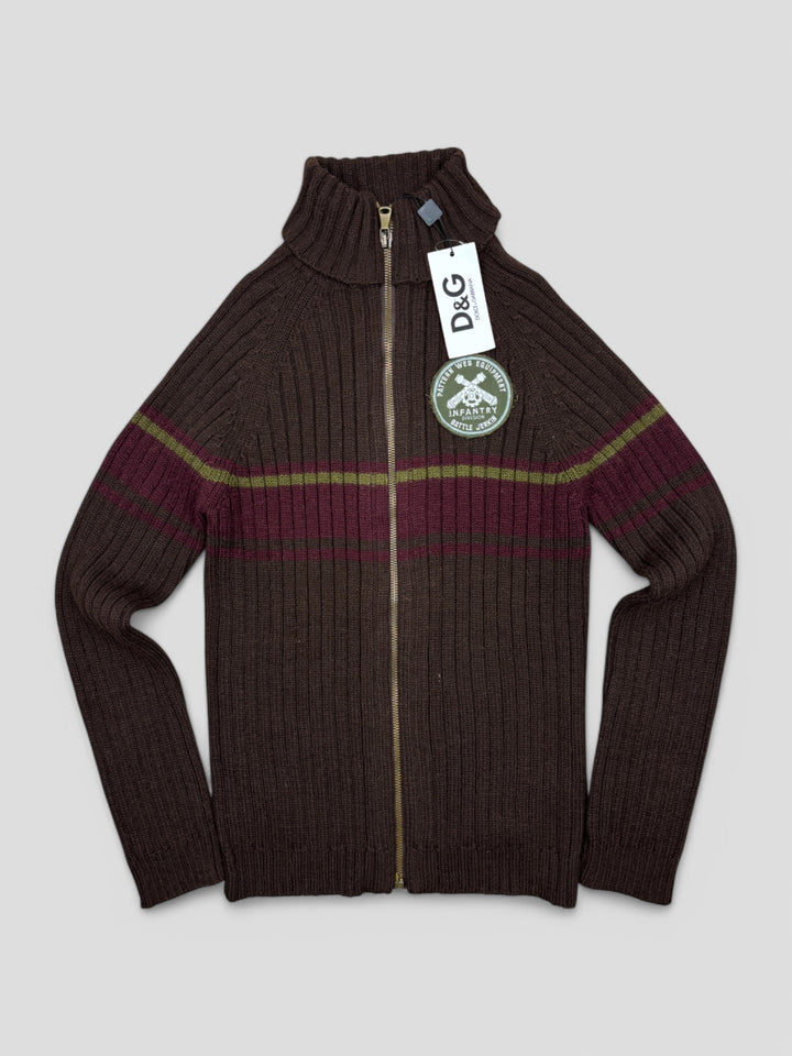 Vintage Dolce Gabbana Herren Strickpullover Braun mit Streifen in Burgunderrot und Olivgrün, Second-Hand D&G Sweater Brown