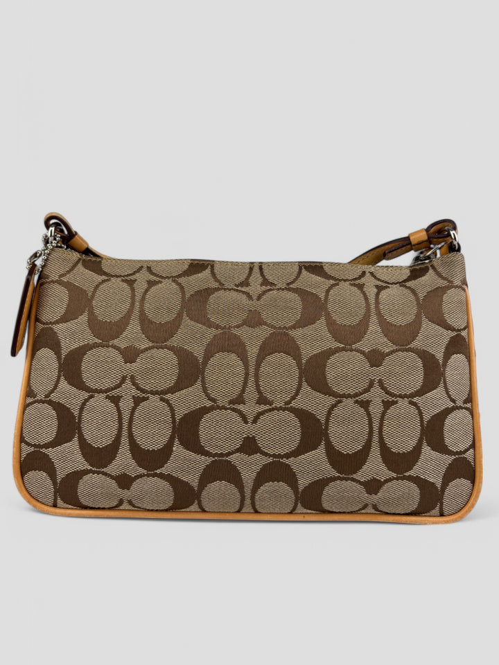Vintage Damen Coach Umhängetasche, Signature-Muster, Lederdetails, Alltagstasche, kompakte Größe, elegantes Design, orangefarbenes Innenfutter