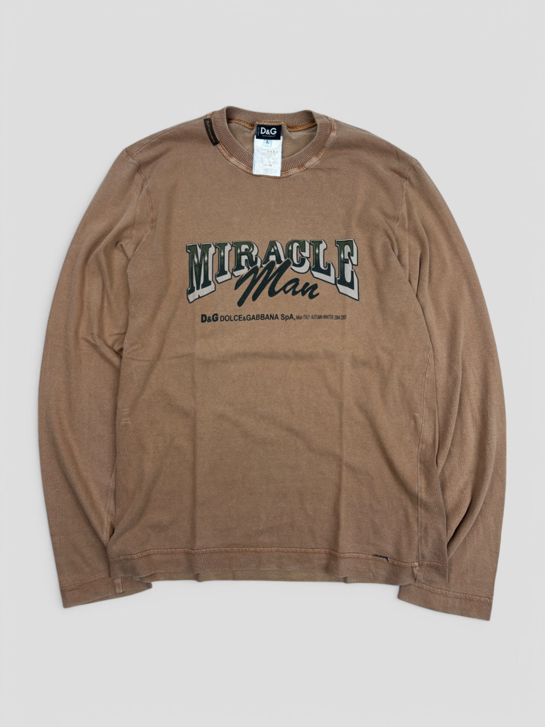 Vintage Dolce & Gabbana Herren Langarmshirt Braun mit Miracle Man Print, Second-Hand D&G Shirt Brown

