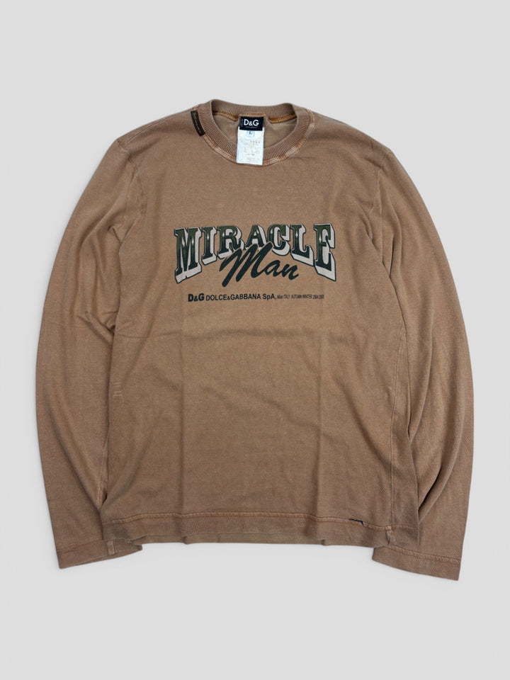 Vintage Dolce & Gabbana Herren Langarmshirt Braun mit Miracle Man Print, Second-Hand D&G Shirt Brown


