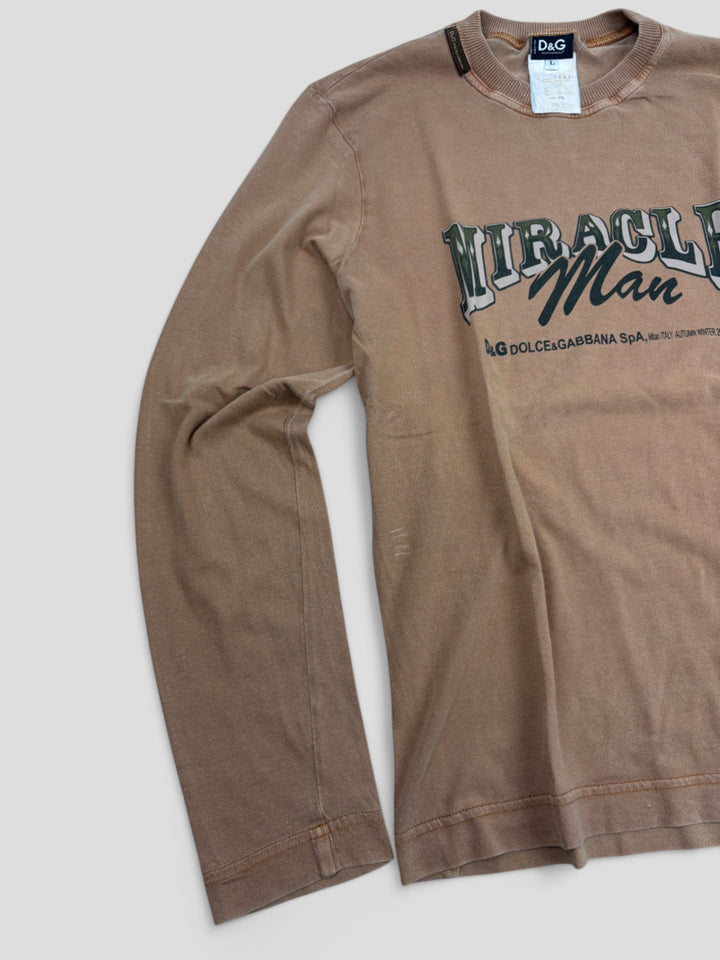 Vintage Dolce & Gabbana Herren Langarmshirt Braun mit Miracle Man Print, Second-Hand D&G Shirt Brown


