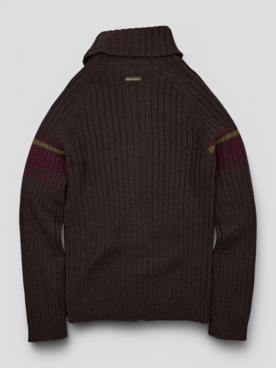 Vintage Dolce Gabbana Herren Strickpullover Braun mit Streifen in Burgunderrot und Olivgrün, Second-Hand D&G Sweater Brown