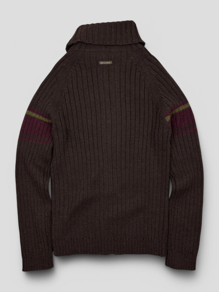 Vintage Dolce Gabbana Herren Strickpullover Braun mit Streifen in Burgunderrot und Olivgrün, Second-Hand D&G Sweater Brown
