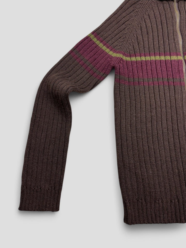 Vintage Dolce Gabbana Herren Strickpullover Braun mit Streifen in Burgunderrot und Olivgrün, Second-Hand D&G Sweater Brown