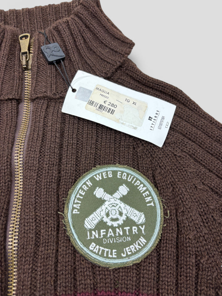 Vintage Dolce Gabbana Herren Strickpullover Braun mit Streifen in Burgunderrot und Olivgrün, Second-Hand D&G Sweater Brown