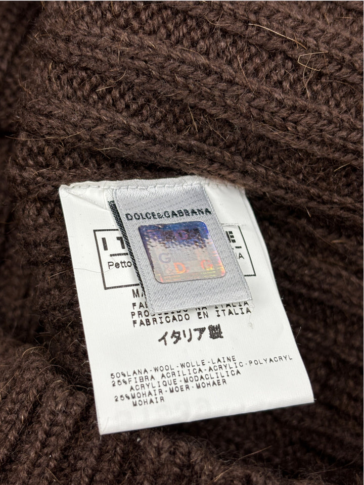 Vintage Dolce Gabbana Herren Strickpullover Braun mit Streifen in Burgunderrot und Olivgrün, Second-Hand D&G Sweater Brown