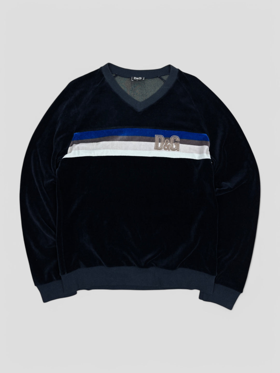 Vintage Dolce & Gabbana Unisex Velour Pullover Schwarz mit Streifen und D&G-Logo, Second-Hand D&G Sweater Black

