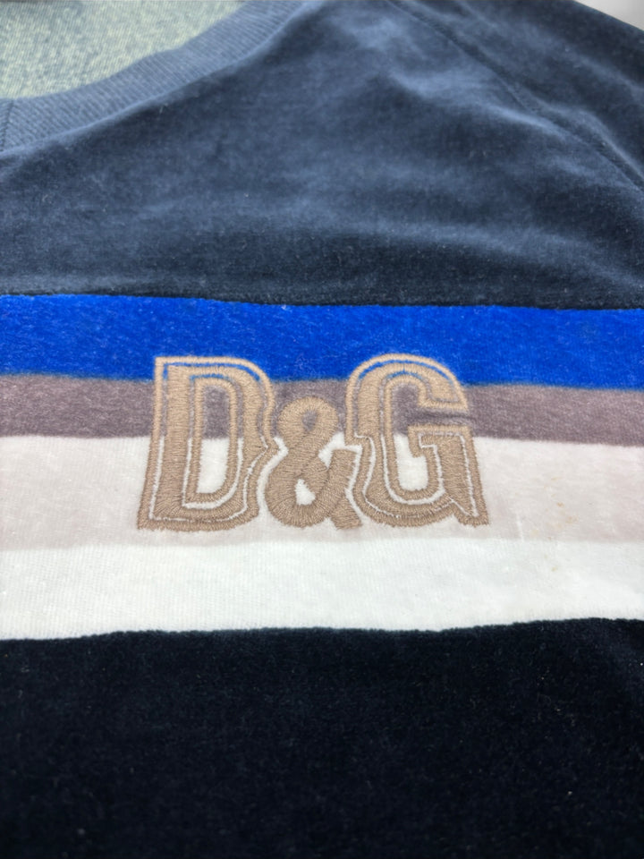 Vintage Dolce & Gabbana Unisex Velour Pullover Schwarz mit Streifen und D&G-Logo, Second-Hand D&G Sweater Black
