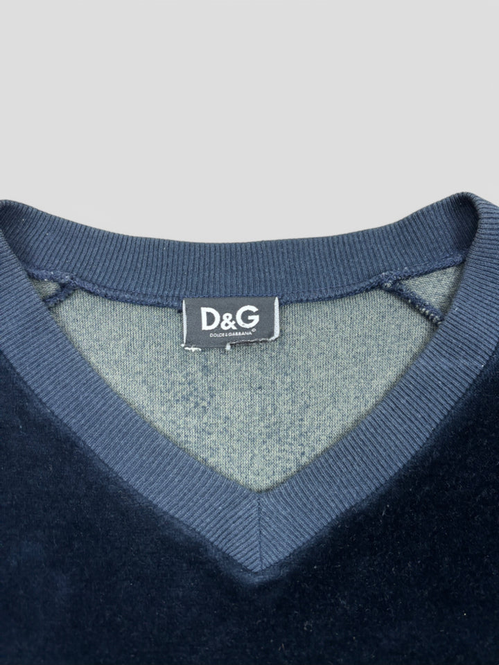 Vintage Dolce & Gabbana Unisex Velour Pullover Schwarz mit Streifen und D&G-Logo, Second-Hand D&G Sweater Black
