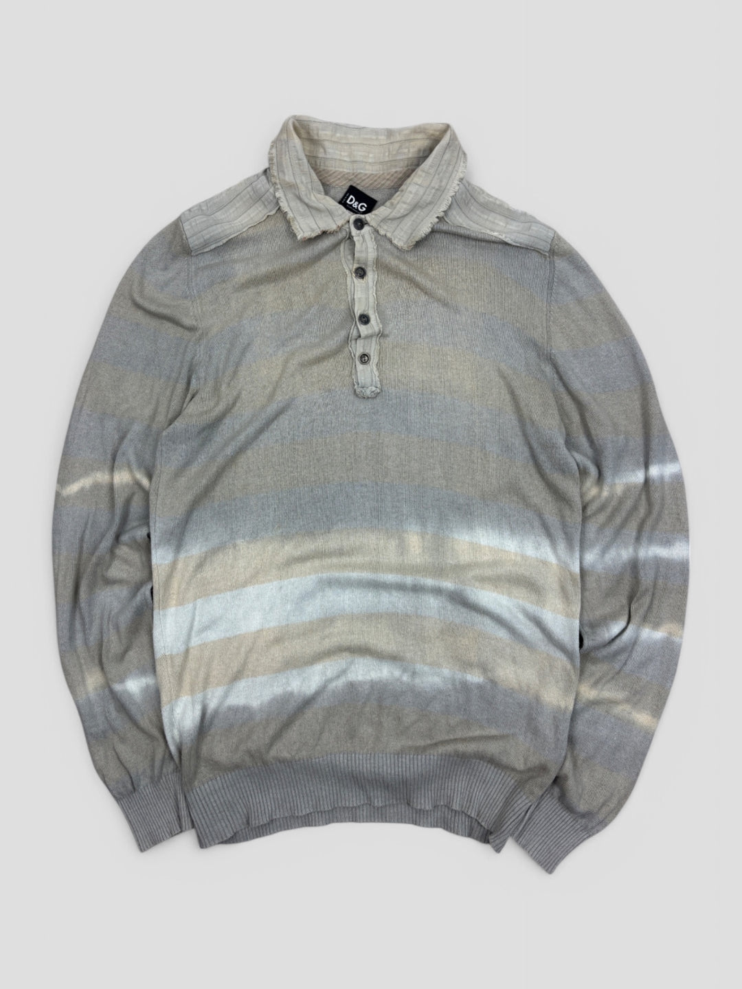 Vintage Dolce and Gabbana Herren Y2K Longsleeve Grau mit Streifen und Kragen, Second-Hand DG Shirt Grey