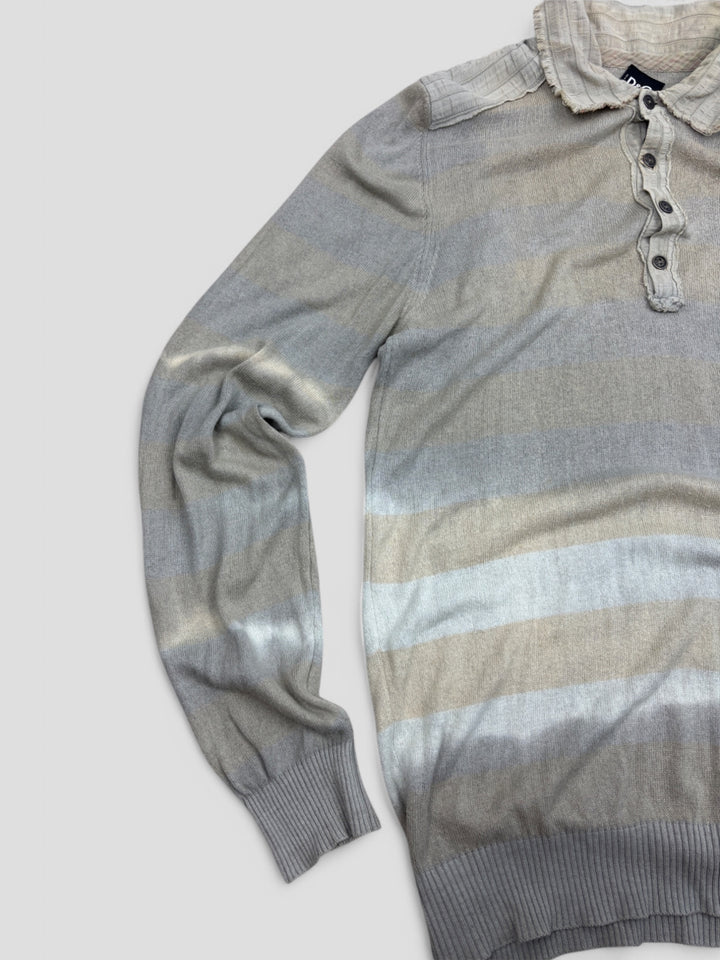 Vintage Dolce and Gabbana Herren Y2K Longsleeve Grau mit Streifen und Kragen, Second-Hand DG Shirt Grey