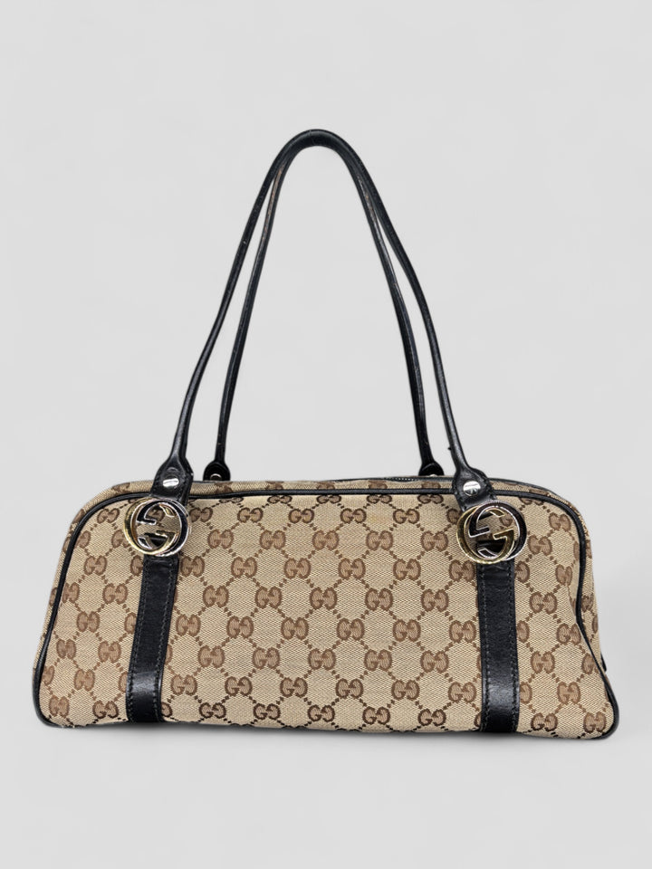 Vintage Gucci Damen Princess Schultertasche Beige mit schwarzen Lederdetails, Second-Hand Gucci Bag Beige