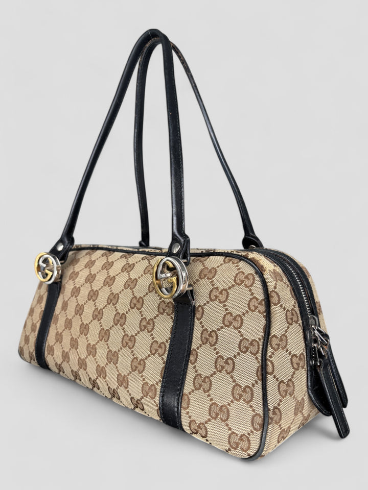 Vintage Gucci Damen Princess Schultertasche Beige mit schwarzen Lederdetails, Second-Hand Gucci Bag Beige