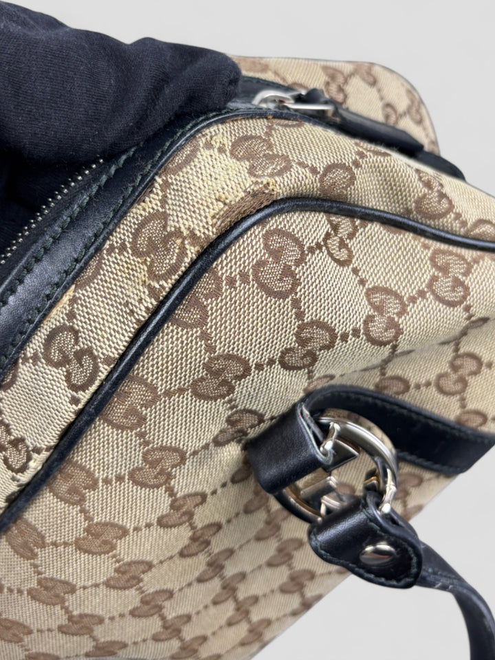Vintage Gucci Damen Princess Schultertasche Beige mit schwarzen Lederdetails, Second-Hand Gucci Bag Beige
