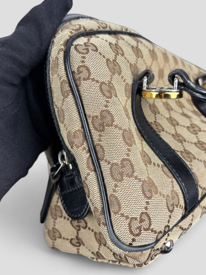 Vintage Gucci Damen Princess Schultertasche Beige mit schwarzen Lederdetails, Second-Hand Gucci Bag Beige