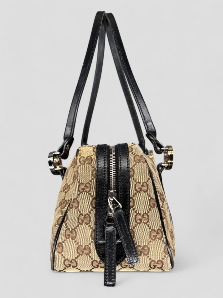 Vintage Gucci Damen Princess Schultertasche Beige mit schwarzen Lederdetails, Second-Hand Gucci Bag Beige