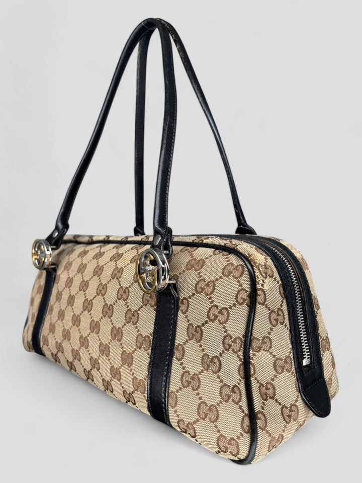 Vintage Gucci Damen Princess Schultertasche Beige mit schwarzen Lederdetails, Second-Hand Gucci Bag Beige