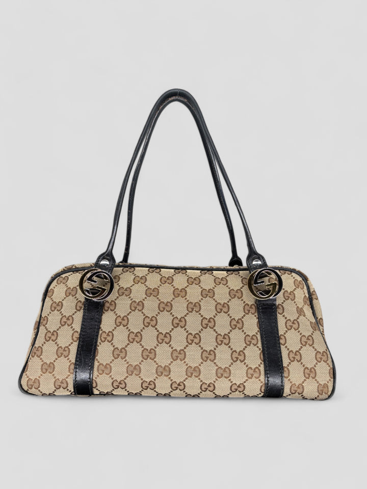 Vintage Gucci Damen Princess Schultertasche Beige mit schwarzen Lederdetails, Second-Hand Gucci Bag Beige