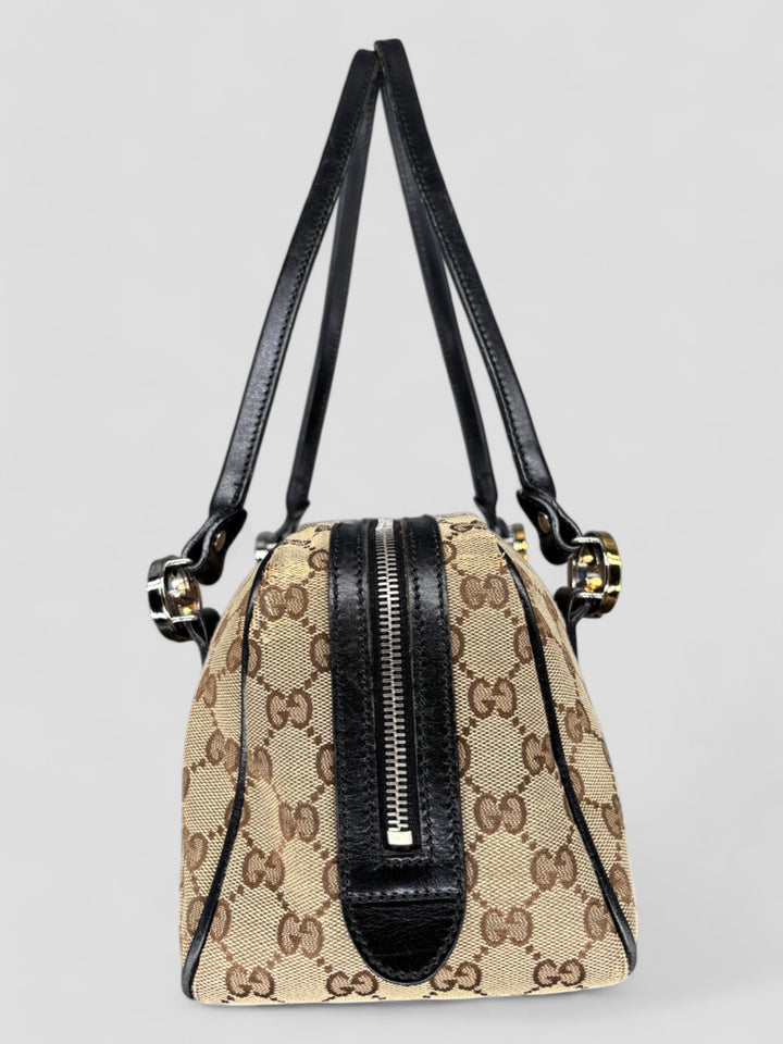 Vintage Gucci Damen Princess Schultertasche Beige mit schwarzen Lederdetails, Second-Hand Gucci Bag Beige