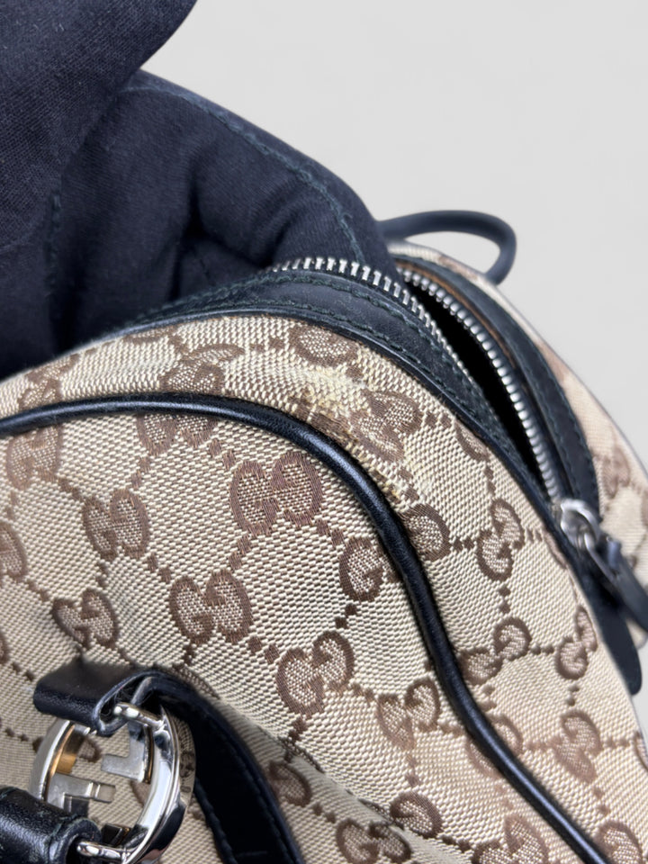 Vintage Gucci Damen Princess Schultertasche Beige mit schwarzen Lederdetails, Second-Hand Gucci Bag Beige