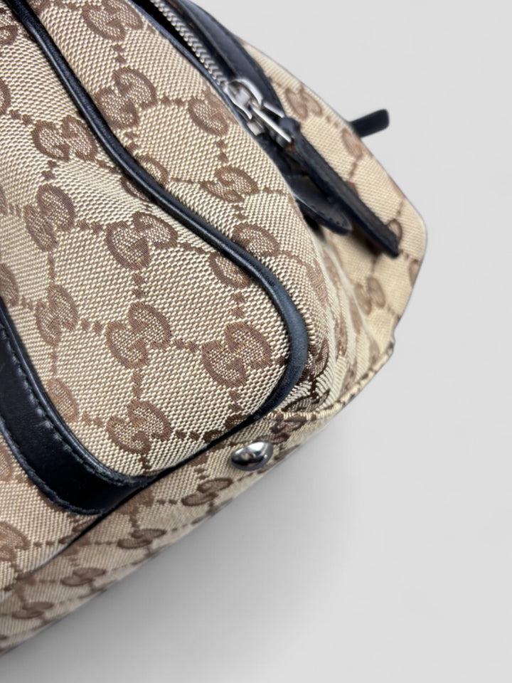 Vintage Gucci Damen Princess Schultertasche Beige mit schwarzen Lederdetails, Second-Hand Gucci Bag Beige