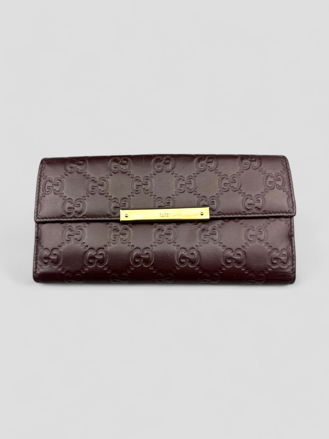 Vintage Gucci Unisex Leder Geldbeutel Braun Monogram Goldene Akzente, Second-Hand Gucci Wallet Brown Monogram Gold Details