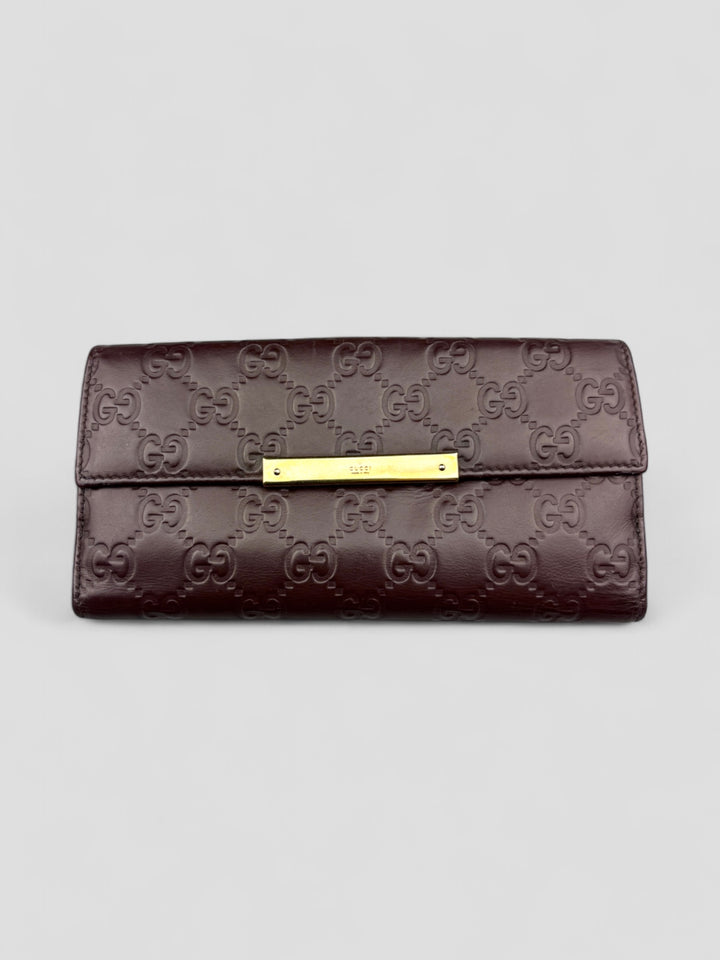 Vintage Gucci Unisex Leder Geldbeutel Braun Monogram Goldene Akzente, Second-Hand Gucci Wallet Brown Monogram Gold Details