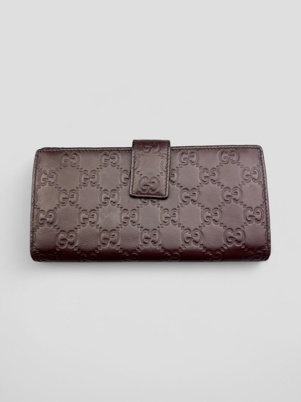 Vintage Gucci Unisex Leder Geldbeutel Braun Monogram Goldene Akzente, Second-Hand Gucci Wallet Brown Monogram Gold Details