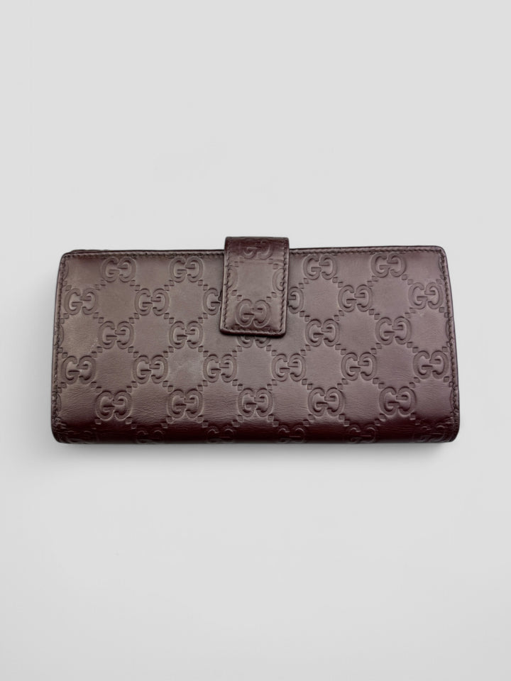 Vintage Gucci Unisex Leder Geldbeutel Braun Monogram Goldene Akzente, Second-Hand Gucci Wallet Brown Monogram Gold Details